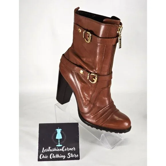 Michael Kors Women's Brown Leather High Heel Mid Calf Boots  Size 10W 302 - Picture 12 of 15